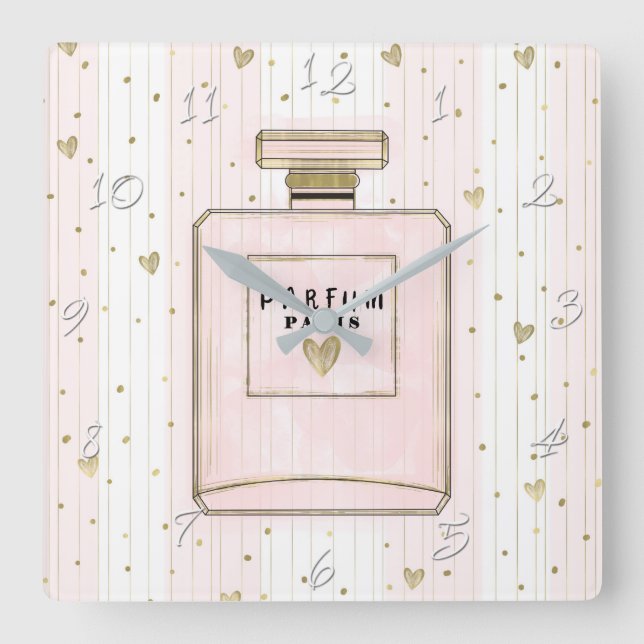 Pink & Gold Hearts Paris Parfum Chic Fashion Square Wall Clock (Front)