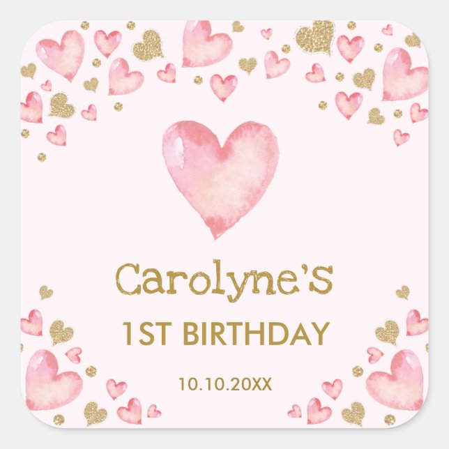Pink Gold Hearts Sweetheart Birthday Baby Shower Square Sticker (Front)