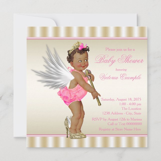 Pink Gold High Heel Angel Ethnic Baby Girl Shower Invitation (Front)