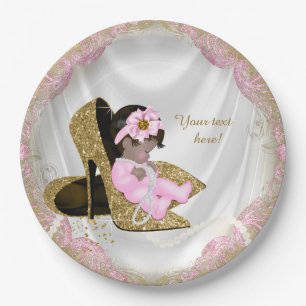 Pink Gold High Heel Ethnic Girl Baby Shower Paper Plate
