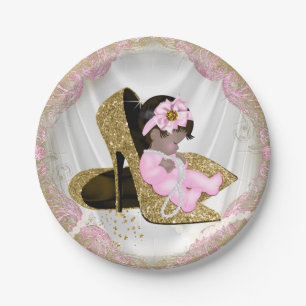 Pink Gold High Heel Ethnic Girl Baby Shower Paper Plate