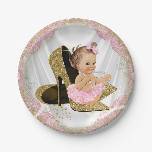 Pink Gold High Heel Girl Baby Shower Paper Plate (Front)