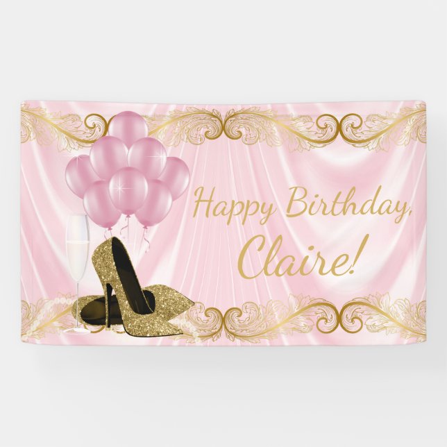 Pink Gold High Heel Shoe Birthday Banner (Horizontal)