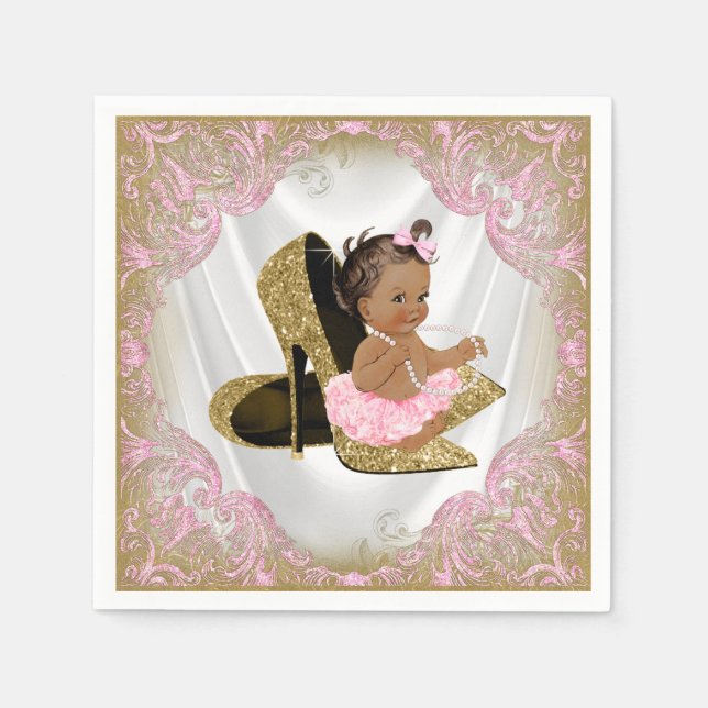 Pink Gold High Heel Shoe Etnic Girl Baby Shower Napkin (Front)