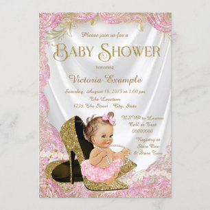 Pink Gold High Heel Shoes Pearls Baby Shower Invitation