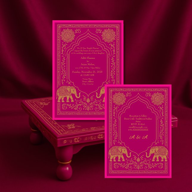 pink gold hindu mandala elephant arch wedding invitation (Creator Uploaded)
