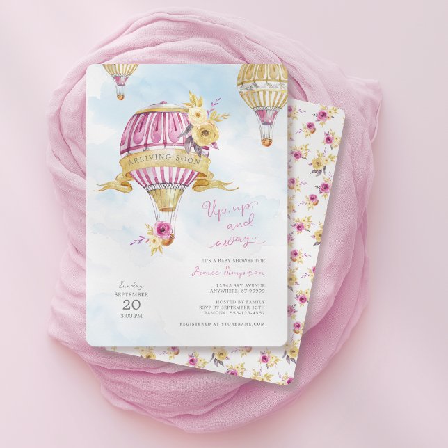 Pink Gold Hot Air Balloon Baby Shower Invitation (Shown on a 5" x 7" invitation)