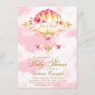 Pink Gold Hot Air Balloon Baby Shower Invitations