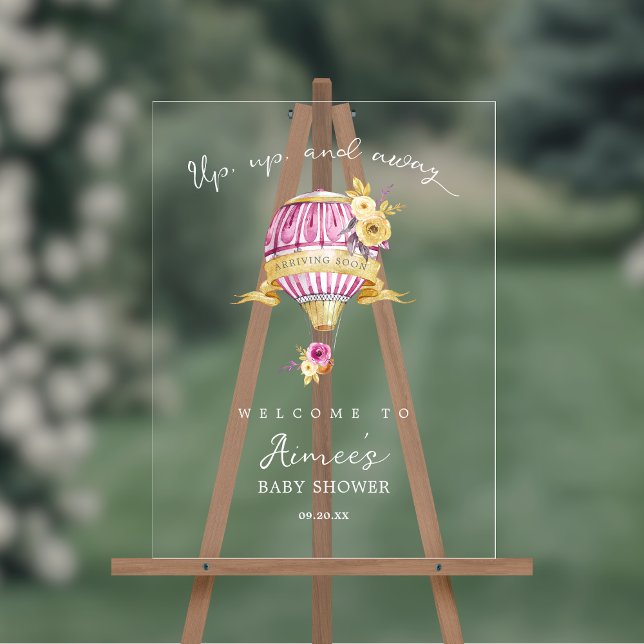 Pink Gold Hot Air Balloon Baby Shower Welcome Sign (Shown on an 18" x 24" acrylic sign)