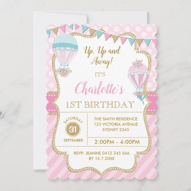 Pink Gold Hot Air Balloon Birthday Party Invite (Front)