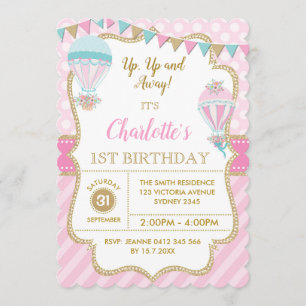 Pink Gold Hot Air Balloon Birthday Party Invite