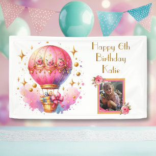 Pink Gold Hot Air Balloons Personalised Birthday Banner