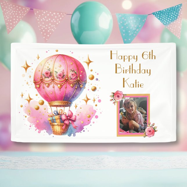 Pink Gold Hot Air Balloons Personalised Birthday Banner (Creator Uploaded)