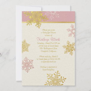 Pink Gold Ivory Snowflake Winter Baby Shower Invitation