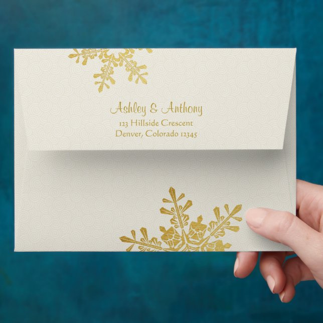 Pink Gold Ivory Snowflake Winter Wedding A7 Envelope (Hand)