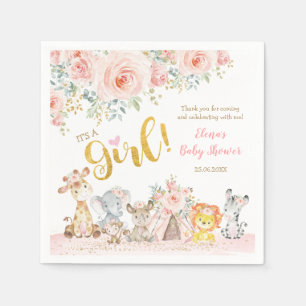 Pink Gold Jungle Safari Animals Baby Shower Napkin
