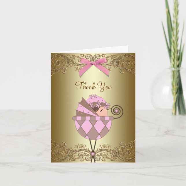 Pink Gold Lace Baby Shower Thank You Cards (Front)