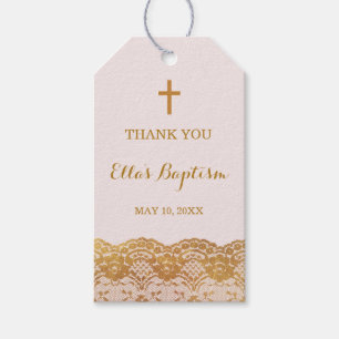 Pink Gold Lace Girl Thank You Baptism Tags