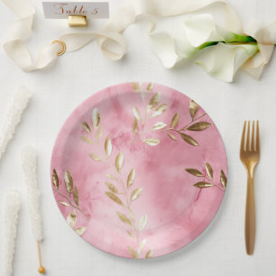 Pink Gold Leaves Paper Plate