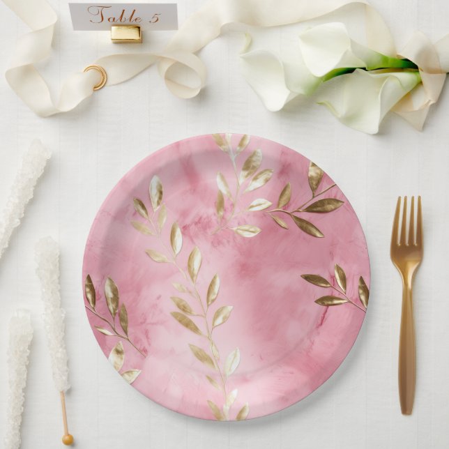 Pink Gold Leaves Paper Plate (Wedding)