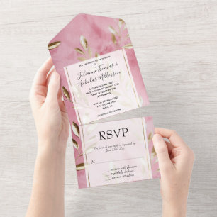 Pink Gold Leaves Wedding All In One Invitation