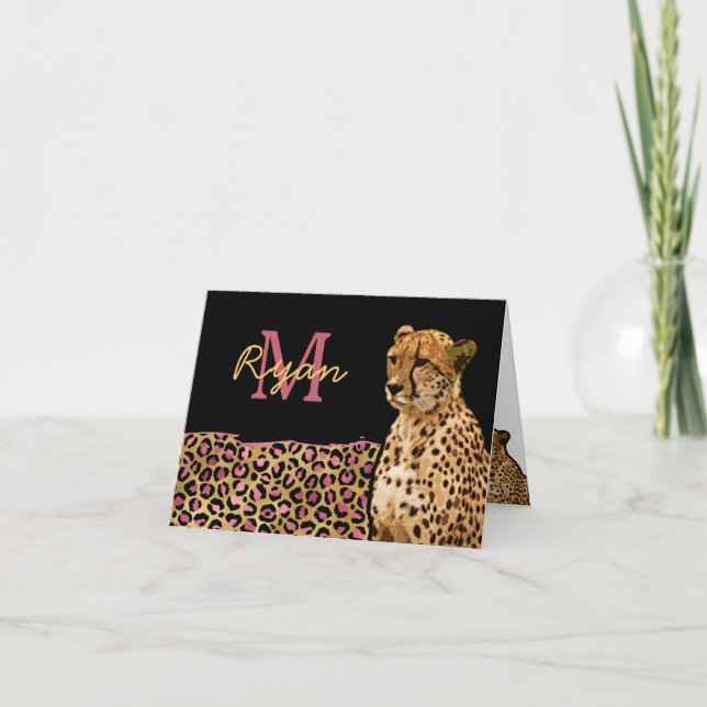 Pink Gold Leopard Cheetah personalised monogram Note Card (Front)