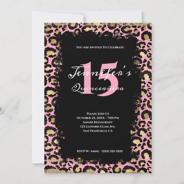 Pink Gold Leopard Grunge Safari Orange Quinceañera Invitation (Front)