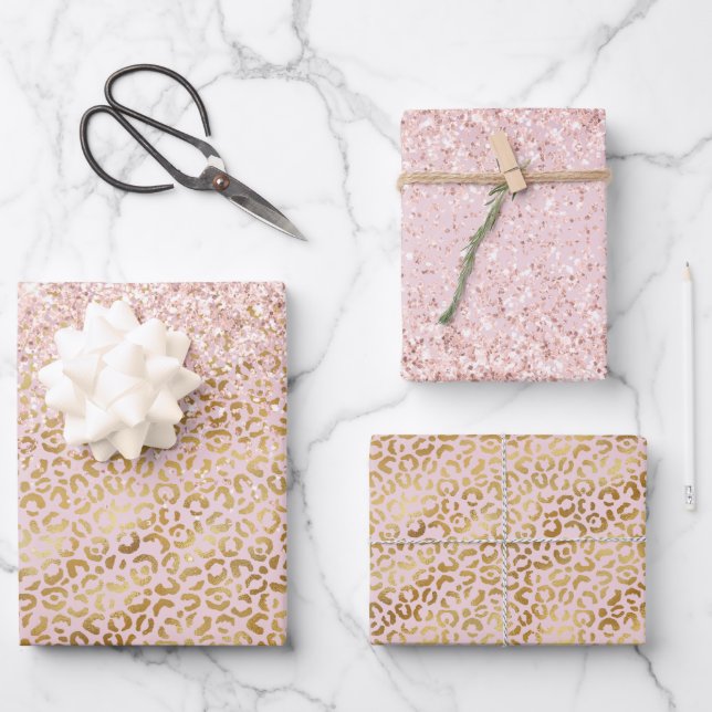 Pink Gold Leopard Print Blush Glitter       Wrapping Paper Sheet (Front)