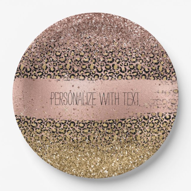 Pink Gold Leopard Print Sparkle Paper Plate (Front)