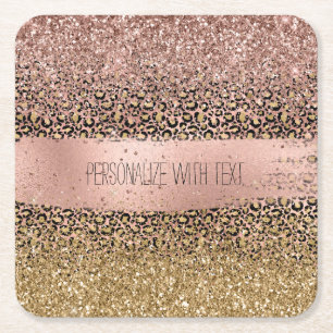 Pink Gold Leopard Print Sparkle Square Paper Coaster