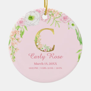 Pink & Gold Letter "C" Floral Monogram Birth Stats Ceramic Ornament
