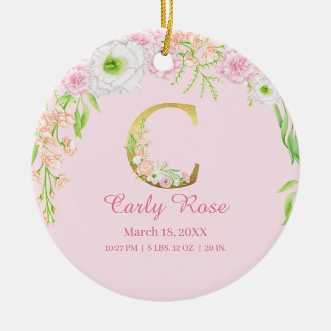 Pink & Gold Letter "C" Floral Monogram Birth Stats Ceramic Ornament (Front)