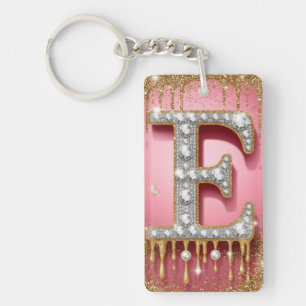 Pink Gold Letter E Diamond Initial Gift For Her Key Ring