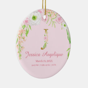 Pink & Gold Letter "J" Floral Monogram Birth Stats Ceramic Ornament