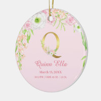 Pink & Gold Letter "Q" Floral Monogram Birth Stats