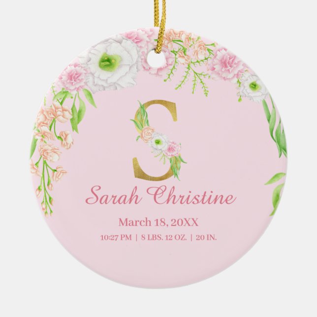 Pink & Gold Letter "S" Floral Monogram Birth Stats Ceramic Ornament (Front)