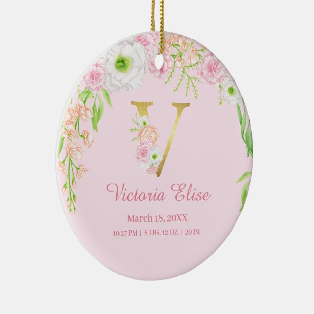 Pink & Gold Letter "V" Floral Monogram Birth Stats Ceramic Ornament (Right)