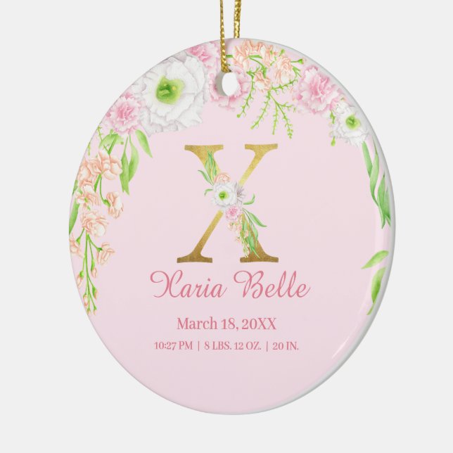 Pink & Gold Letter "X" Floral Monogram Birth Stats Ceramic Ornament (Left)