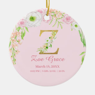 Pink & Gold Letter "Z" Floral Monogram Birth Stats Ceramic Ornament