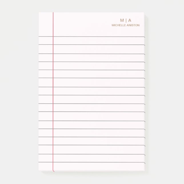 Pink Gold Lined School Notebook Paper Monogram Post-it Notes (Front)