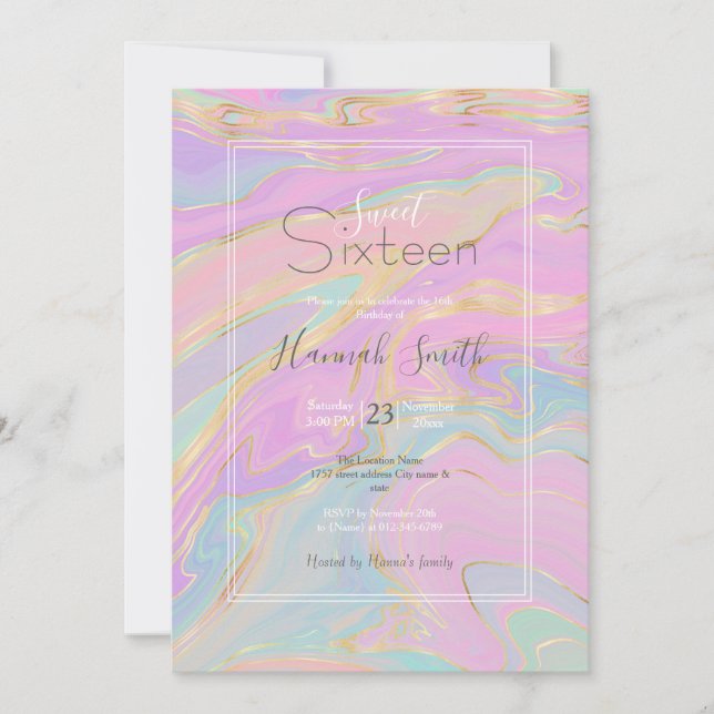 Pink Gold Liquid Swirl Rainbow Marble Invitation (Front)