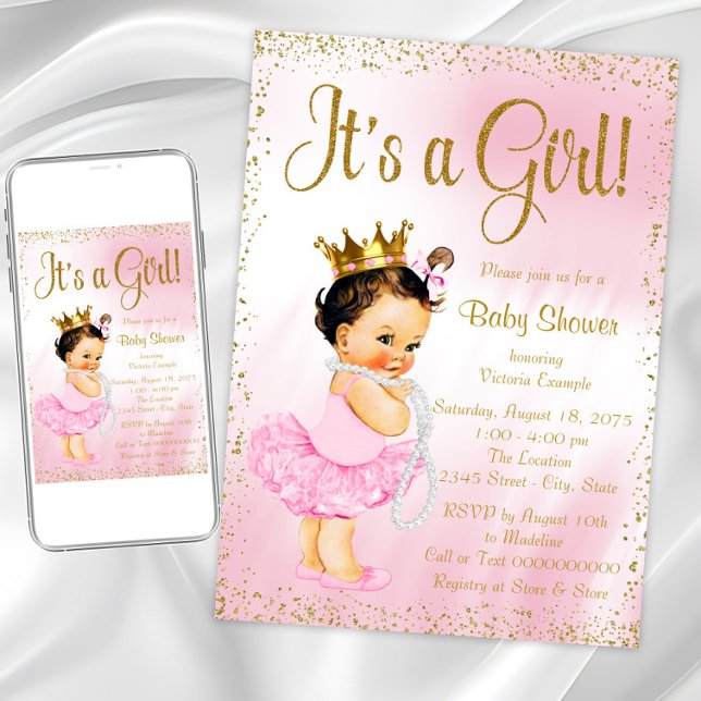 Pink Gold Little Ballerina Tutu Pearl Baby Shower Invitation (Pink gold princess baby shower invitation. Instant download and printed invitations available.)