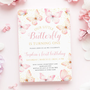 Pink Gold Little Butterfly is Turning One Birthday Invitation