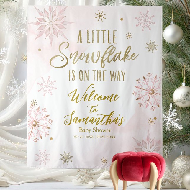 Pink Gold Little Snowflake Baby Shower Backdrop Tapestry (Creator Uploaded)