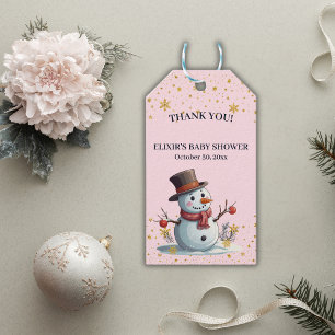 Pink & Gold Little Snowflakes Snowman Baby Shower Gift Tags