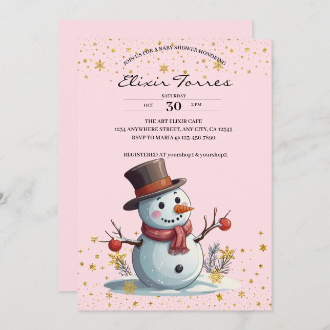 Pink & Gold Little Snowflakes Snowman Baby Shower Invitation (Front/Back)