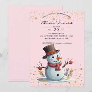 Pink & Gold Little Snowflakes Snowman Baby Shower Invitation
