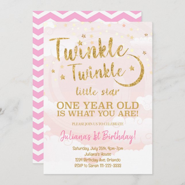 Pink Gold Little Star 1st Birthday Invitation (Front/Back)
