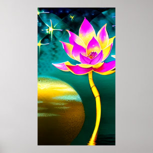 Pink Gold Lotus Flower with Full Moon Reflection Poster