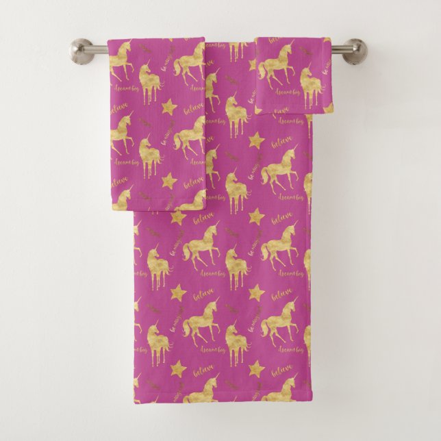 Pink Gold Magical Unicorn Birthday Bath Towel Set (Insitu)